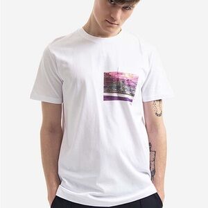 A.P.C. White Short Sleeve Tee with Purple-Pink Pocket Print